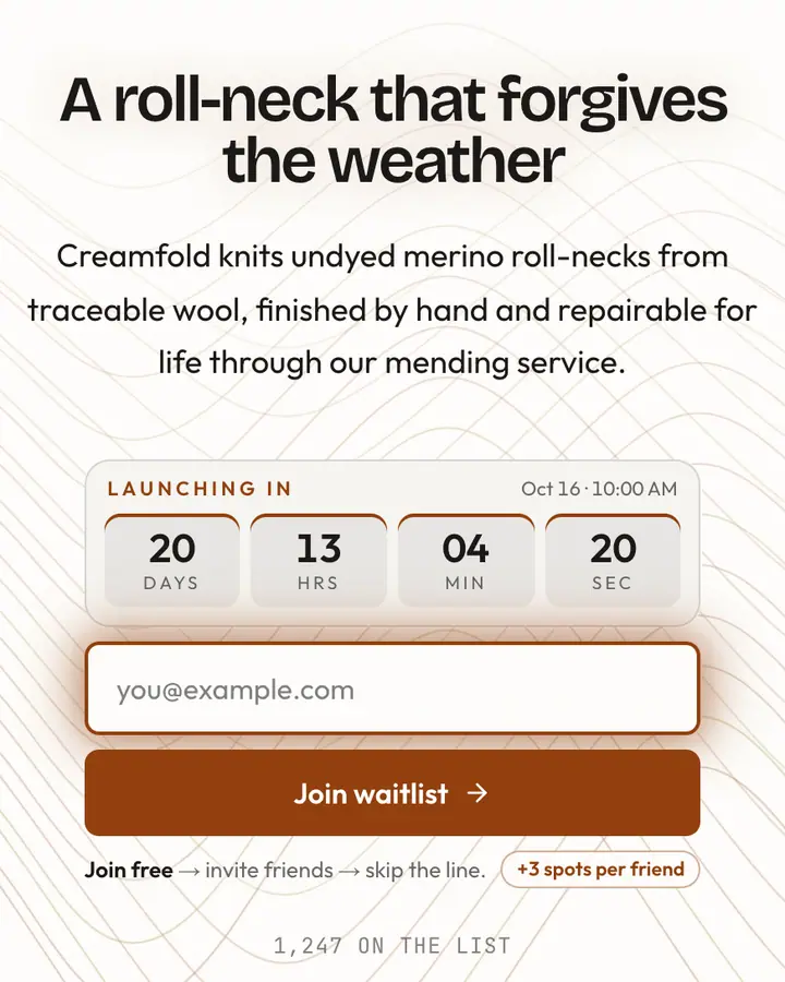 Merino Cream — Luxury waitlist page template, amber-tinted white background
