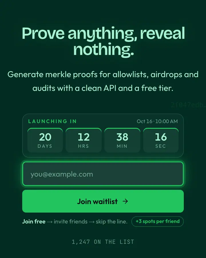 Merkle Tree — Crypto & Web3 waitlist page template, deep teal background