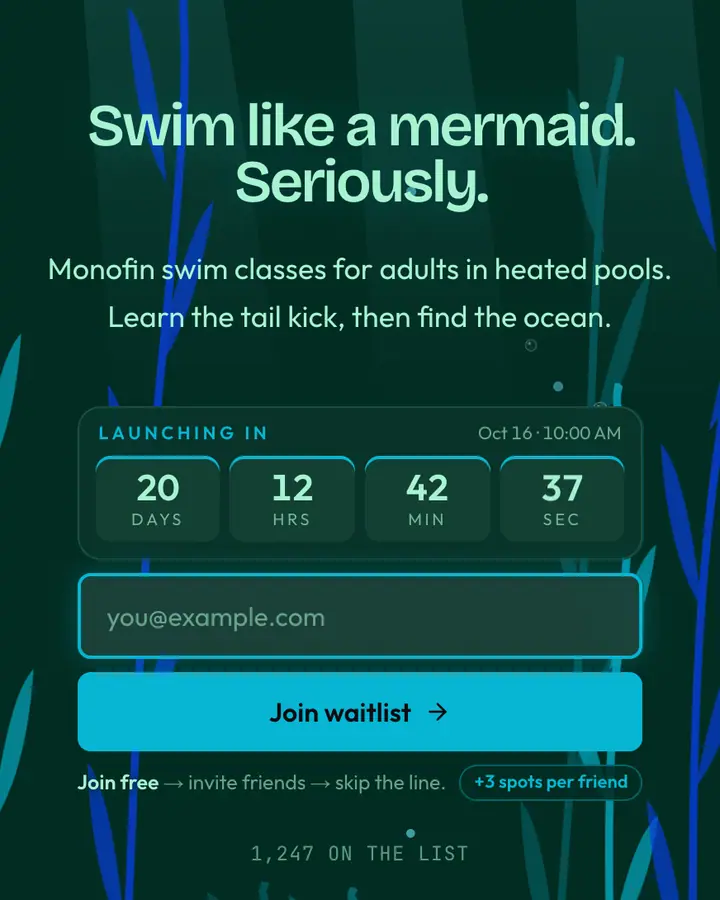 Mermaid Kelp — Fantasy waitlist page template, deep teal background