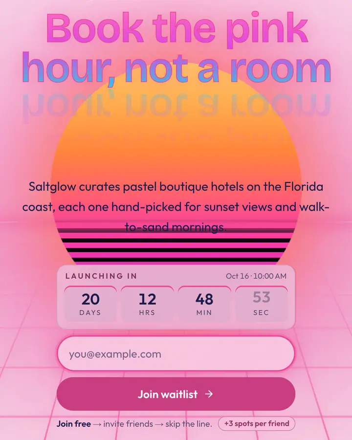 Miami Sunset — Vaporwave waitlist page template, pale pink background