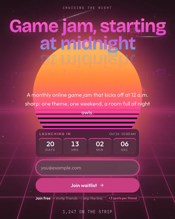 Midnight Arcade — Retro & Pixel Art waitlist page template, near-black background