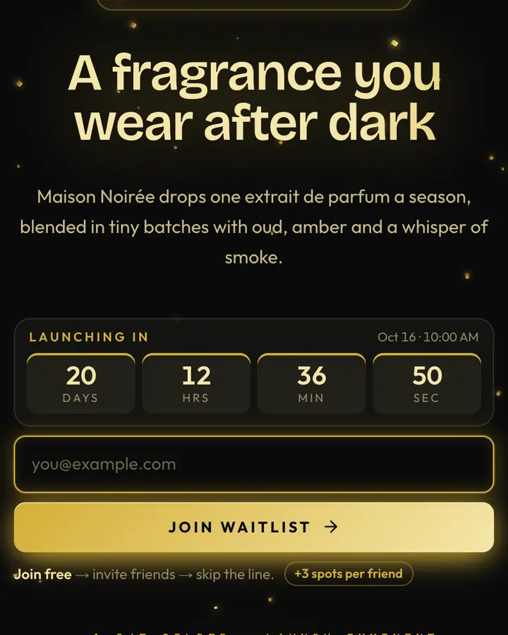 Midnight Gold — Luxury waitlist page template, near-black background