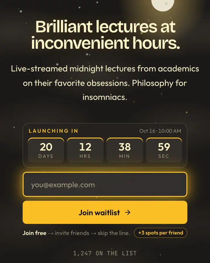 Midnight Lecture — Dark Academia waitlist page template, charcoal background