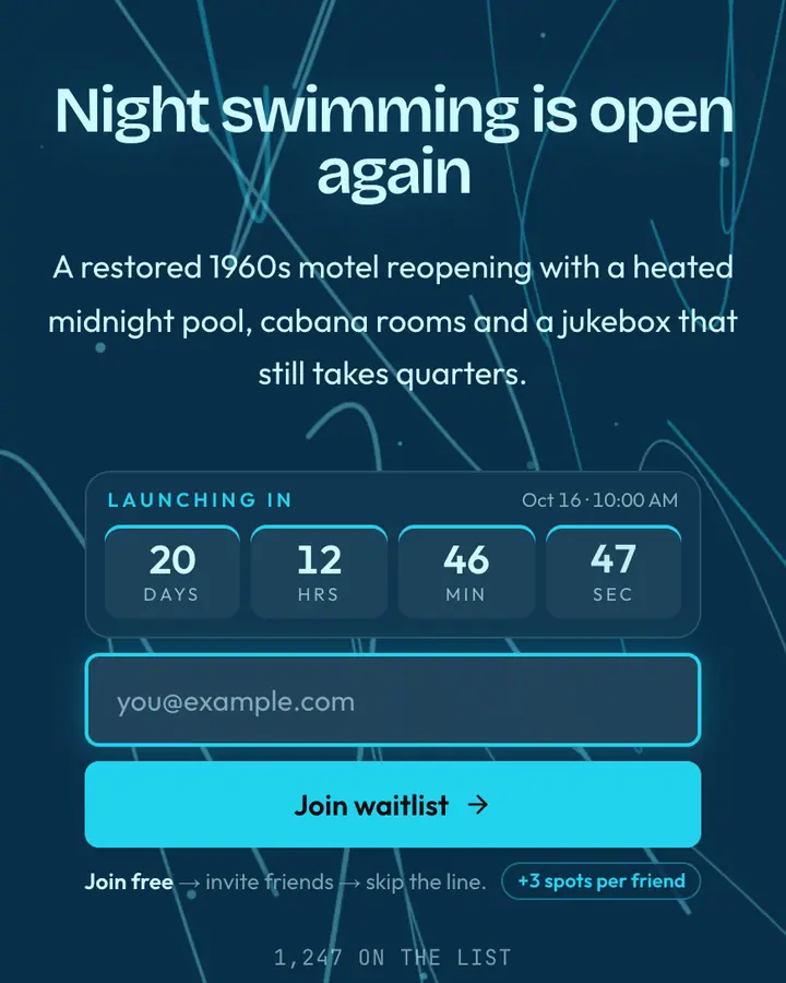 Midnight Pool — Vaporwave waitlist page template, deep sky blue background