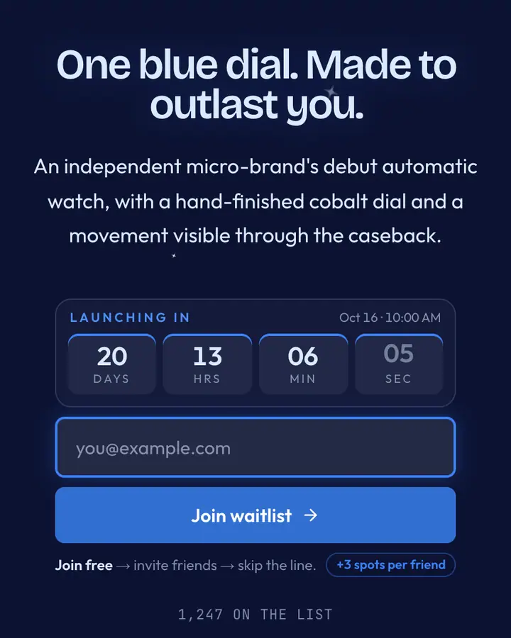 Midnight Sapphire — Luxury waitlist page template, deep blue background