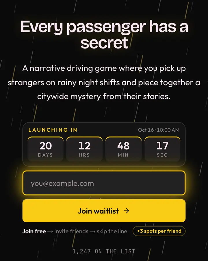Midnight Taxi — Vaporwave waitlist page template, near-black background