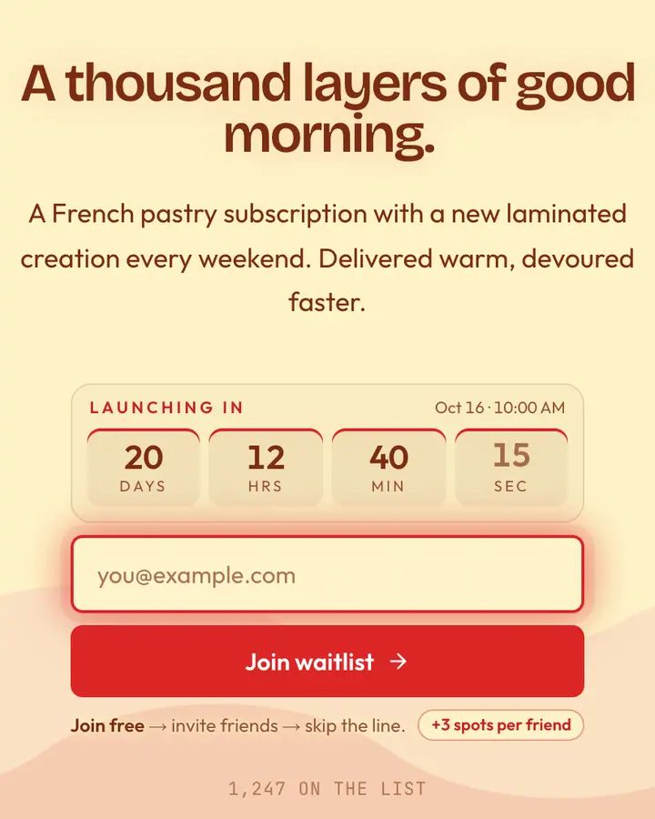 Millefeuille — Coquette waitlist page template, cream background