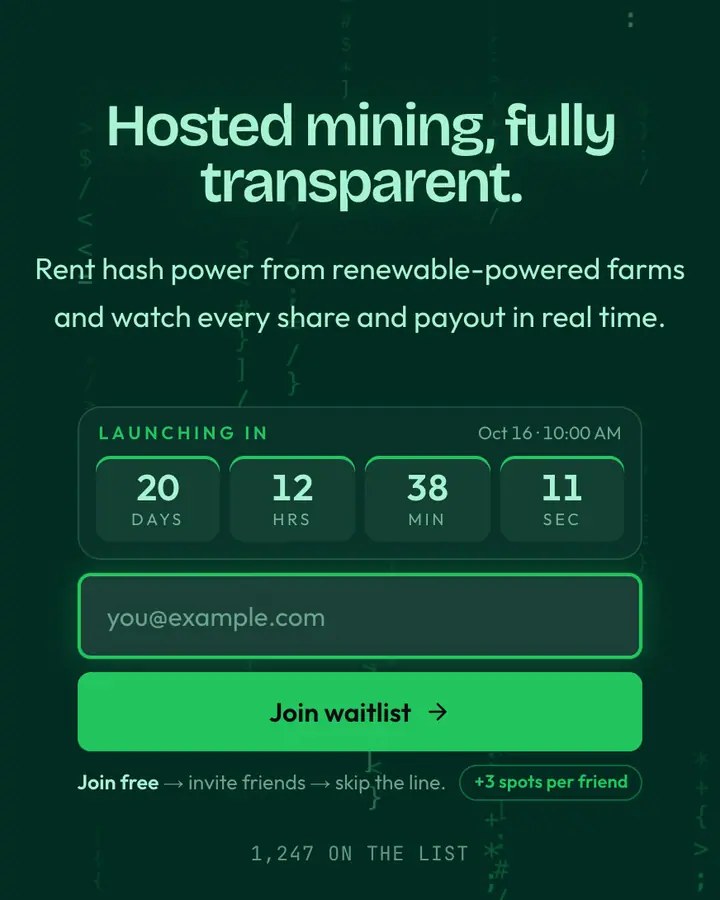 Miner Green — Crypto & Web3 waitlist page template, deep teal background