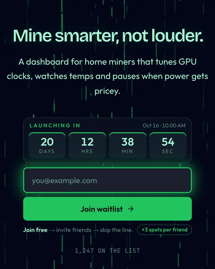 Mining Rig — Crypto & Web3 waitlist page template, near-black blue background