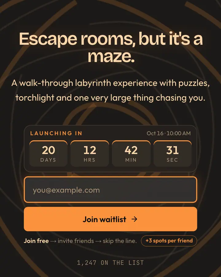 Minotaur Maze — Fantasy waitlist page template, charcoal background