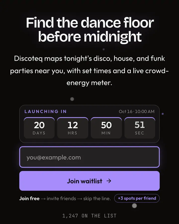 Mirror Ball — Y2K waitlist page template, near-black background