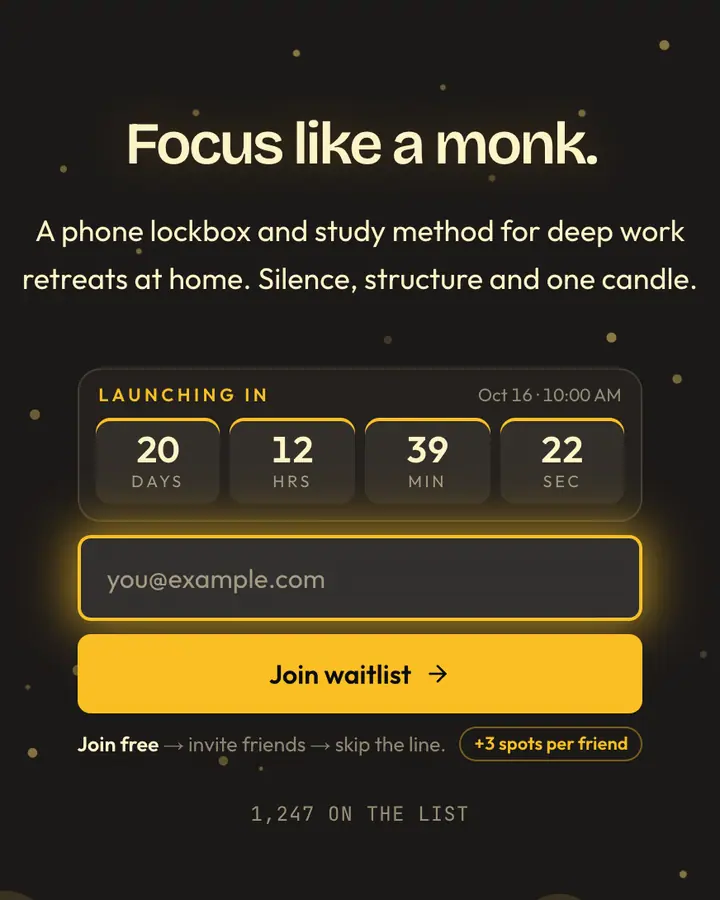 Monastery Cell — Dark Academia waitlist page template, charcoal background