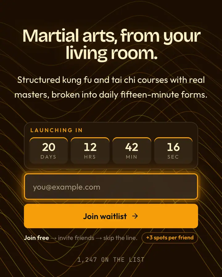 Monk Discipline — Fantasy waitlist page template, near-black vermilion background