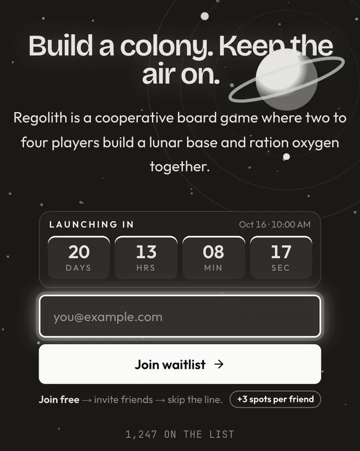Moon Base — Cyberpunk & Sci-Fi waitlist page template, charcoal background