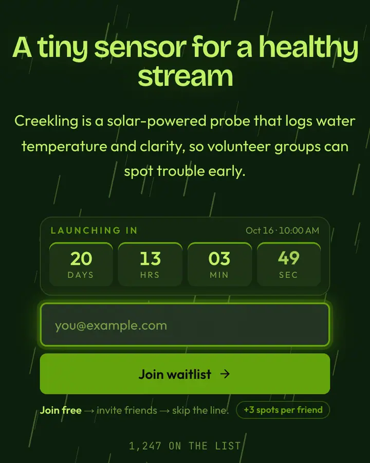 Mossy Creek — Nature & Organic waitlist page template, deep green background