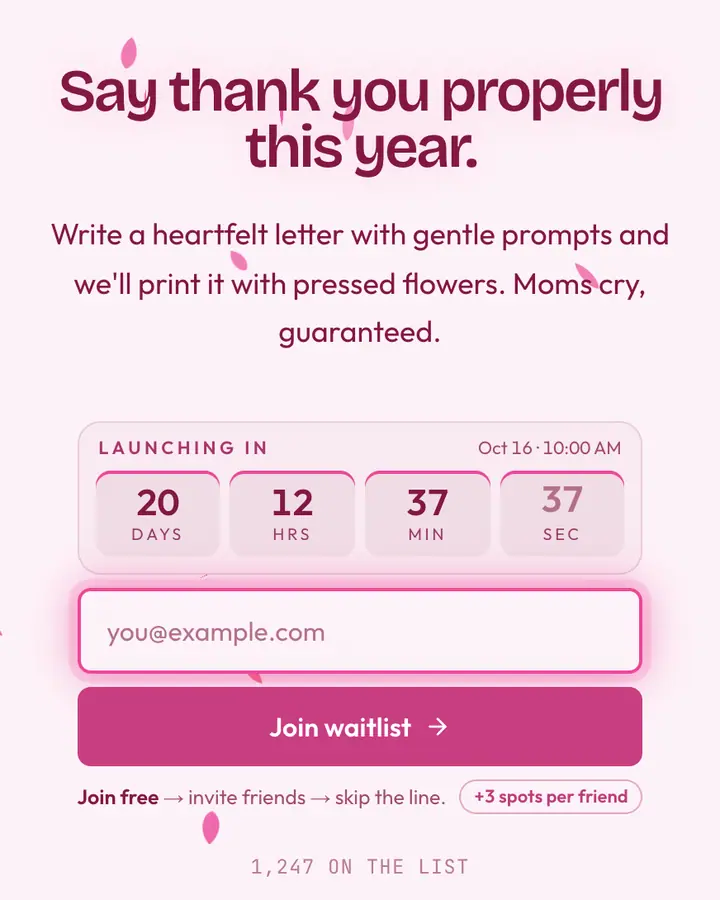 Mothers Day — Holiday & Seasonal waitlist page template, pink-tinted white background