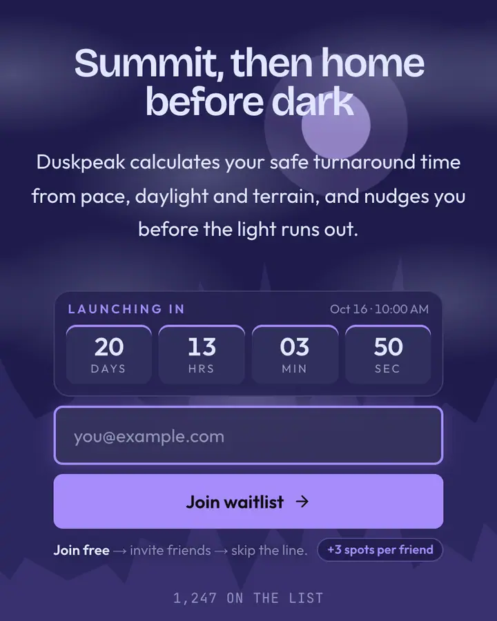 Mountain Dusk — Nature & Organic waitlist page template, dark indigo background