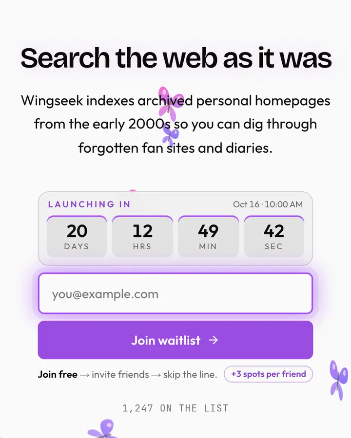 Butterfly Messenger — Y2K waitlist page template, white background