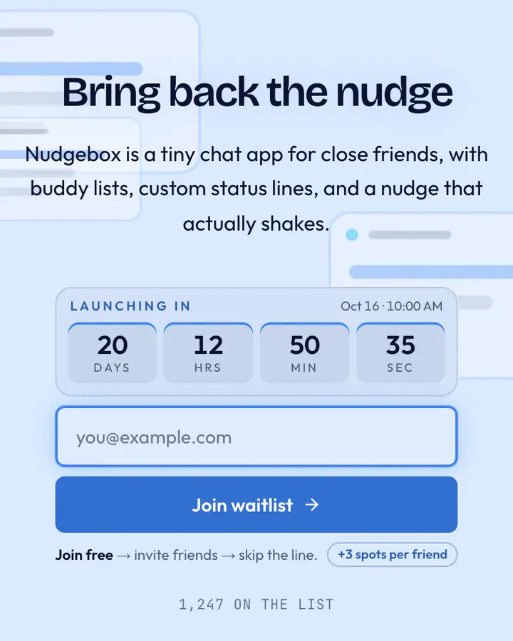 Buddy Messenger — Y2K waitlist page template, pale sky blue background