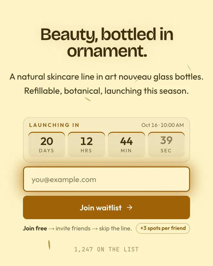 Mucha Floral — Editorial & Abstract waitlist page template, cream background