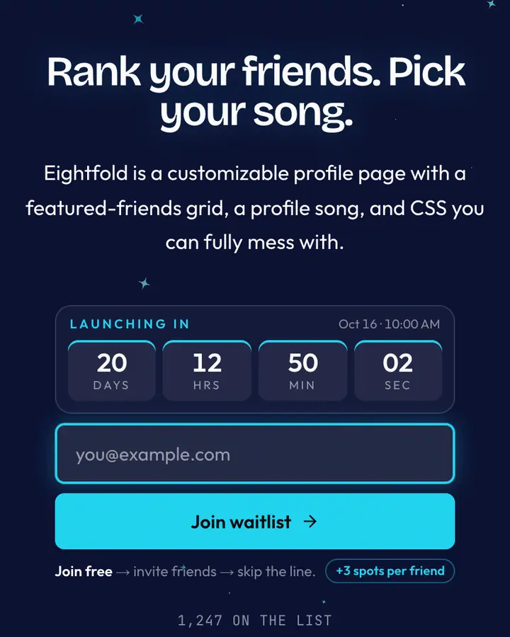 Top 8 Friends — Y2K waitlist page template, deep blue background
