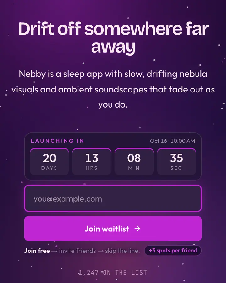 Nebula Drift — Cyberpunk & Sci-Fi waitlist page template, deep violet background