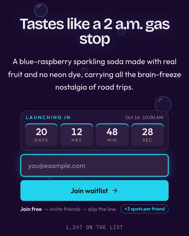Neon Drink — Vaporwave waitlist page template, deep violet background