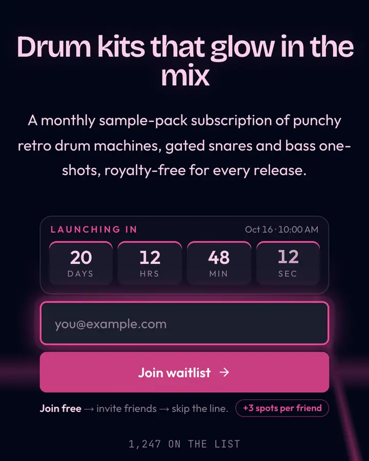 Neon Grid Floor — Vaporwave waitlist page template, near-black blue background