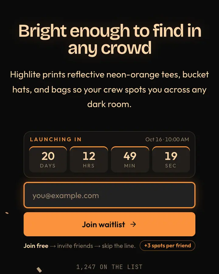 Neon Orange — Y2K waitlist page template, near-black background