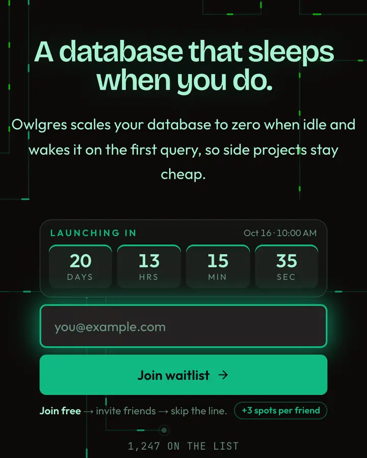 Serverless Green — Tech & SaaS waitlist page template, near-black background