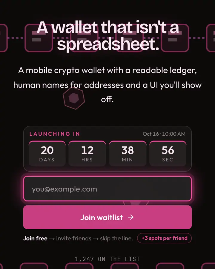 Neon Wallet — Crypto & Web3 waitlist page template, near-black background