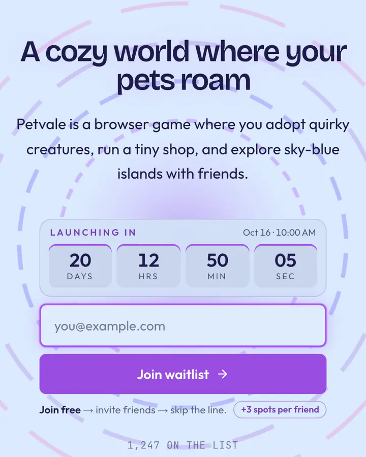 Pet Portal — Y2K waitlist page template, pale sky blue background