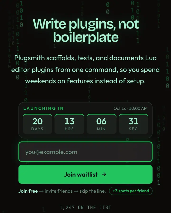 Neovim Lua — Terminal & Developer waitlist page template, near-black background