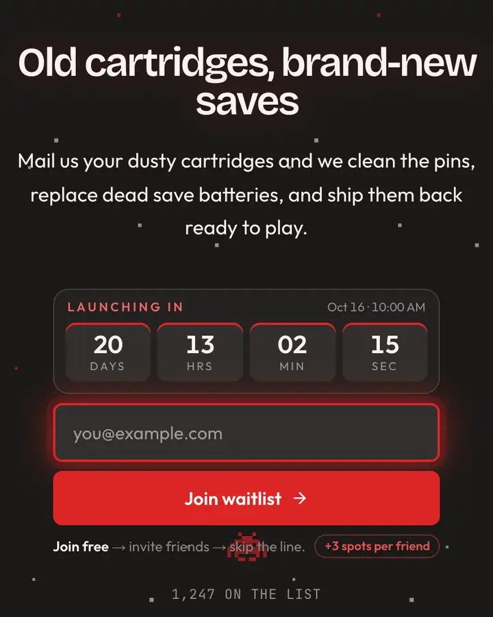 8-Bit Console Red — Retro & Pixel Art waitlist page template, charcoal background