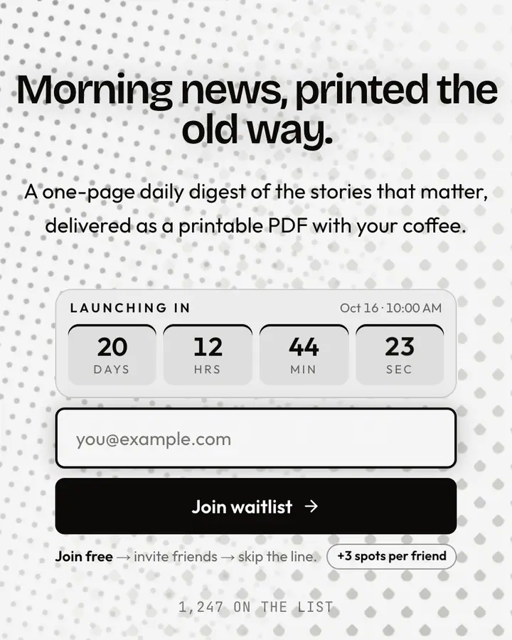 Newsprint — Black & White waitlist page template, white background