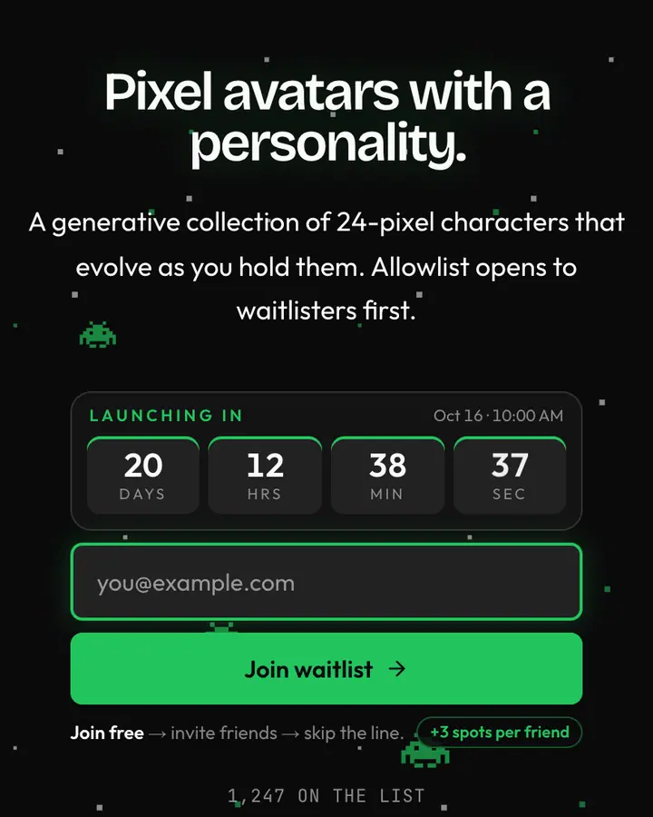 NFT Punk — Crypto & Web3 waitlist page template, near-black background