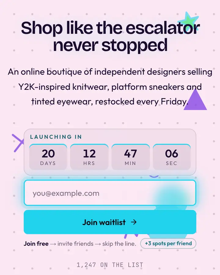 90s Atrium — Vaporwave waitlist page template, pale pink background