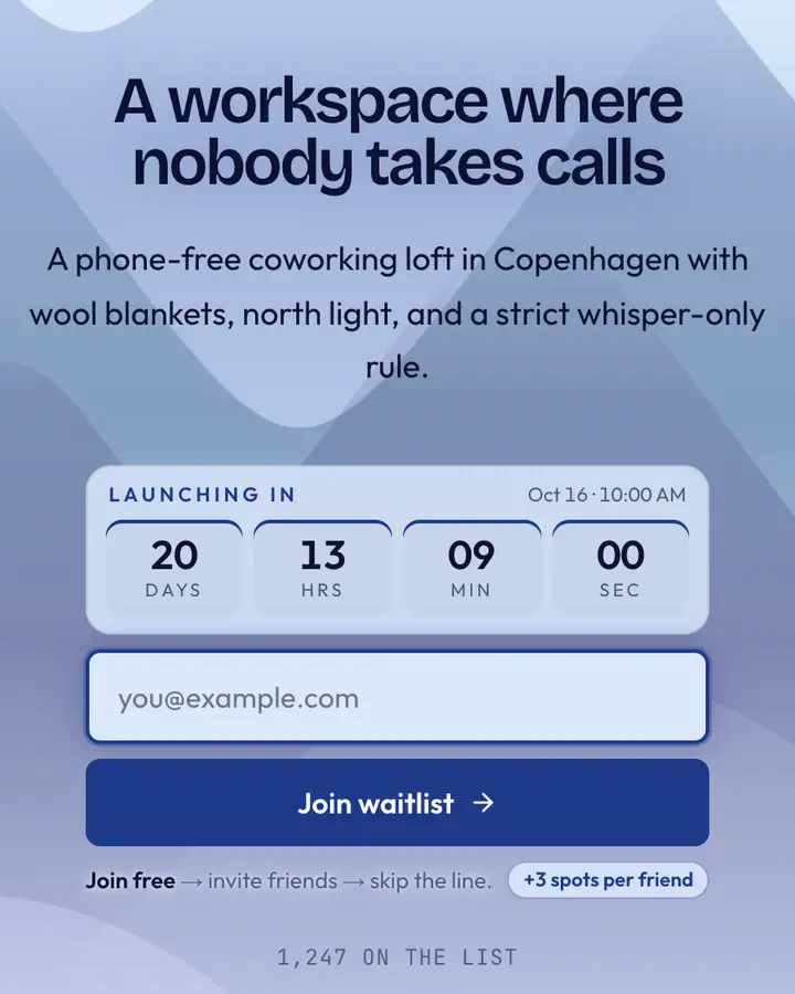 Nordic Pane — Glassmorphism waitlist page template, pale sky blue background