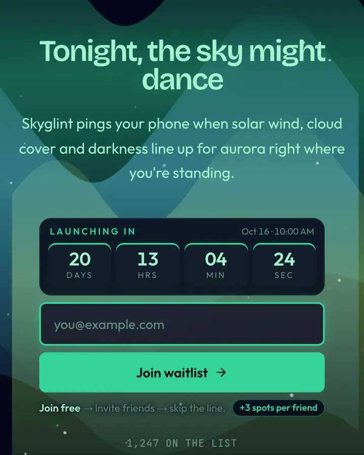 Northern Lights — Nature & Organic waitlist page template, near-black blue background