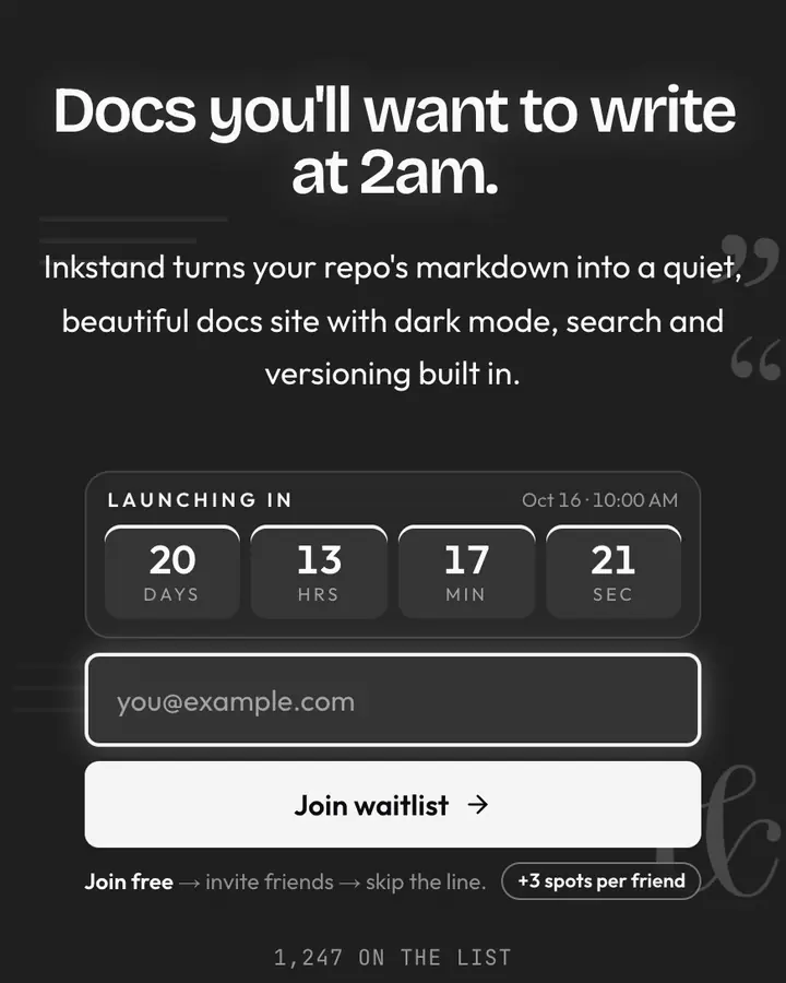 Inkwell Notes — Tech & SaaS waitlist page template, charcoal background