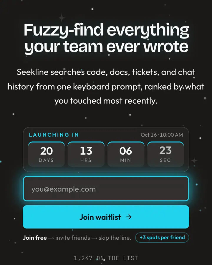Telescope Find — Terminal & Developer waitlist page template, charcoal background