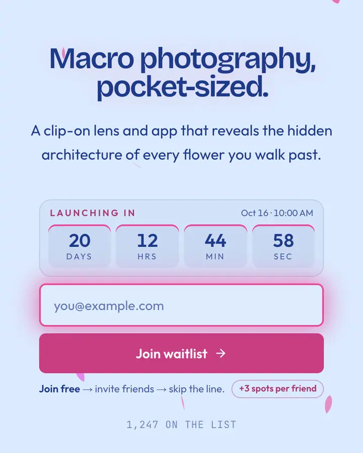 O Keeffe Flower — Editorial & Abstract waitlist page template, pale sky blue background