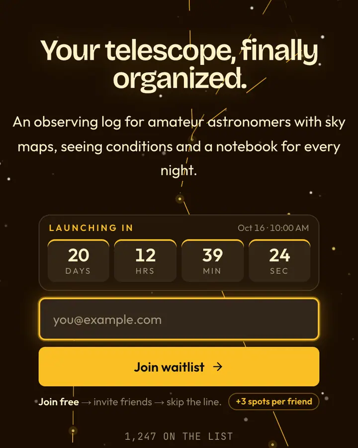 Observatory — Dark Academia waitlist page template, near-black vermilion background