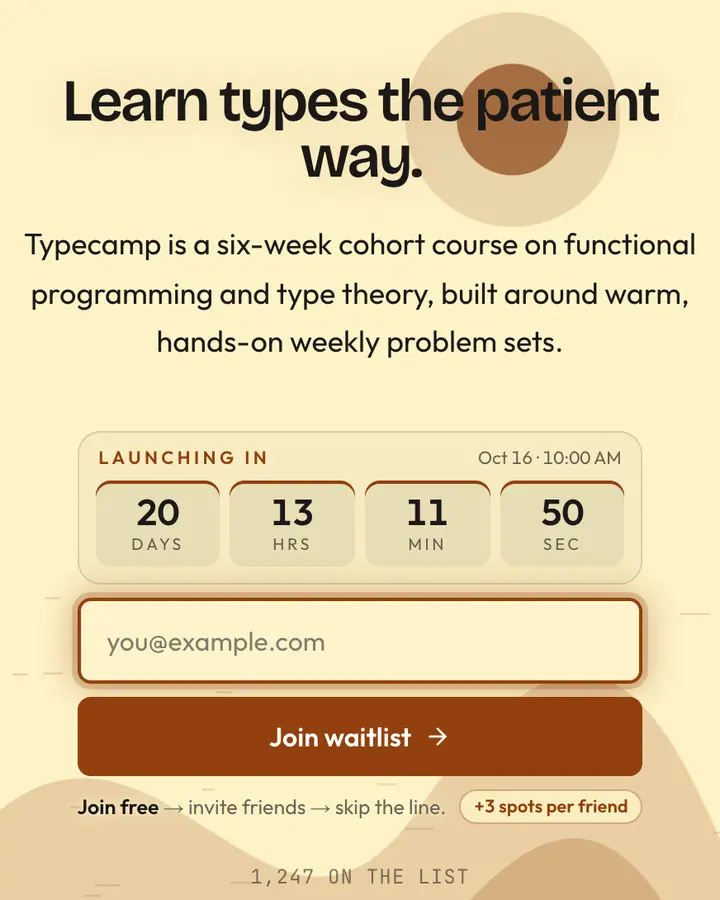 OCaml Camel — Tech & SaaS waitlist page template, cream background