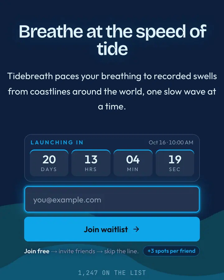 Ocean Waves — Nature & Organic waitlist page template, deep blue background