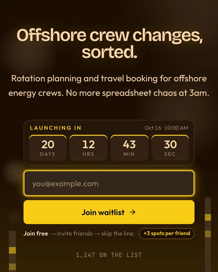 Oil Rig — Industrial & Brutalist waitlist page template, near-black vermilion background