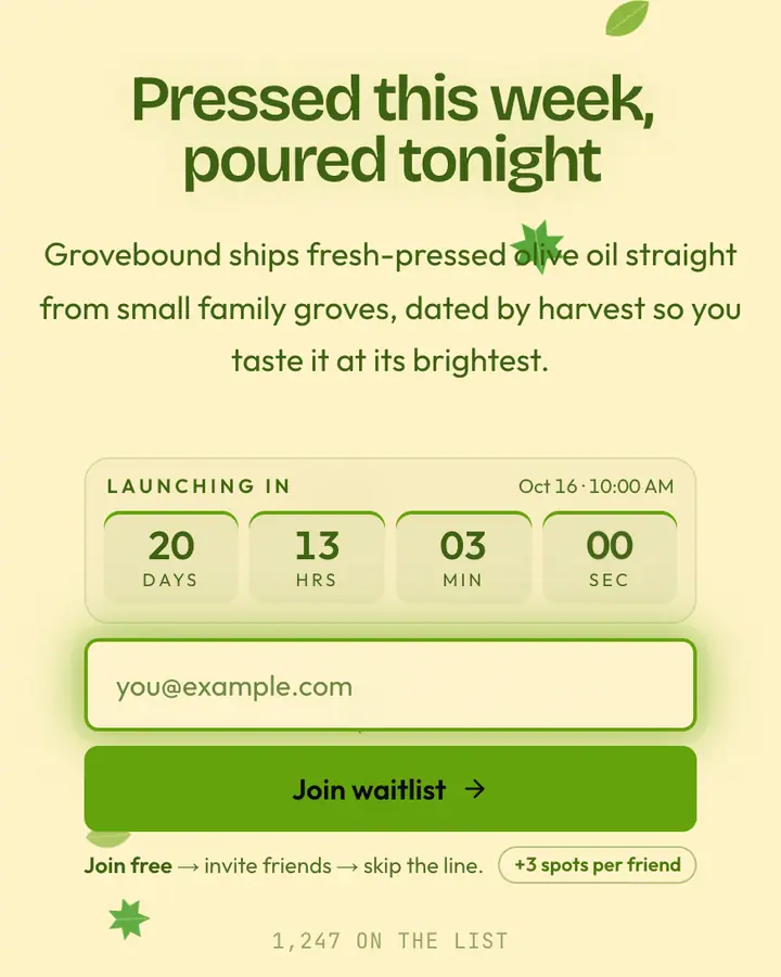 Olive Grove — Nature & Organic waitlist page template, cream background