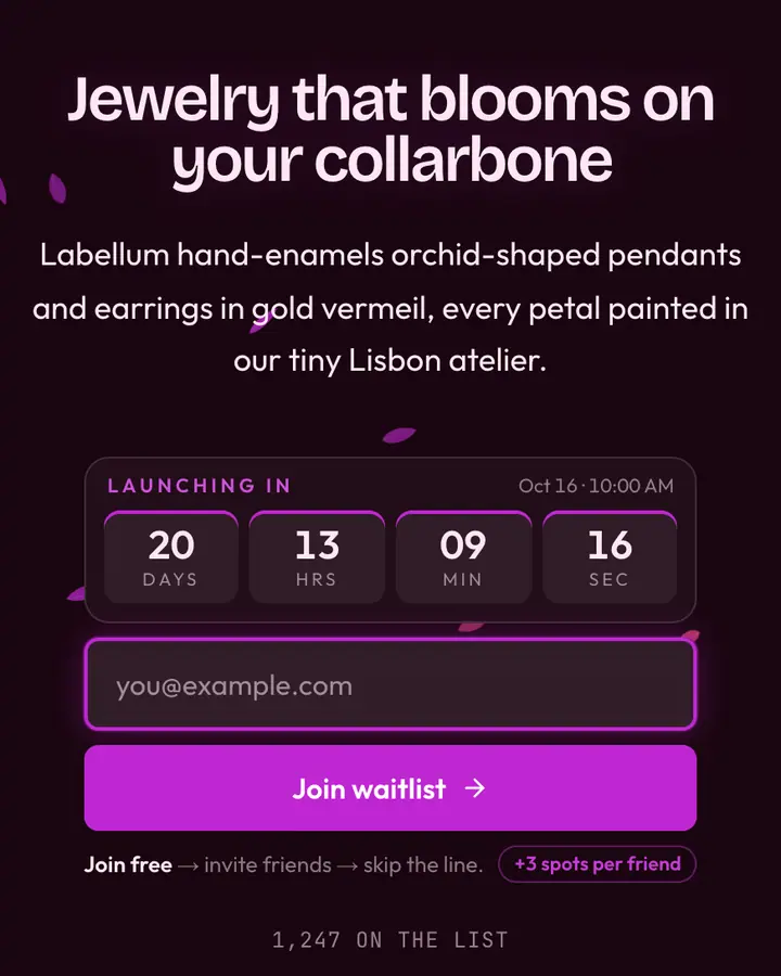 Orchid Glass — Glassmorphism waitlist page template, near-black pink background