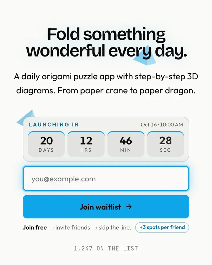 Origami — Editorial & Abstract waitlist page template, white background