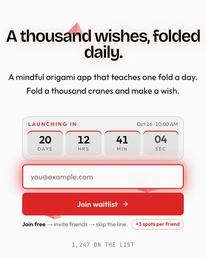 Origami Crane — Playful & Pastel waitlist page template, white background